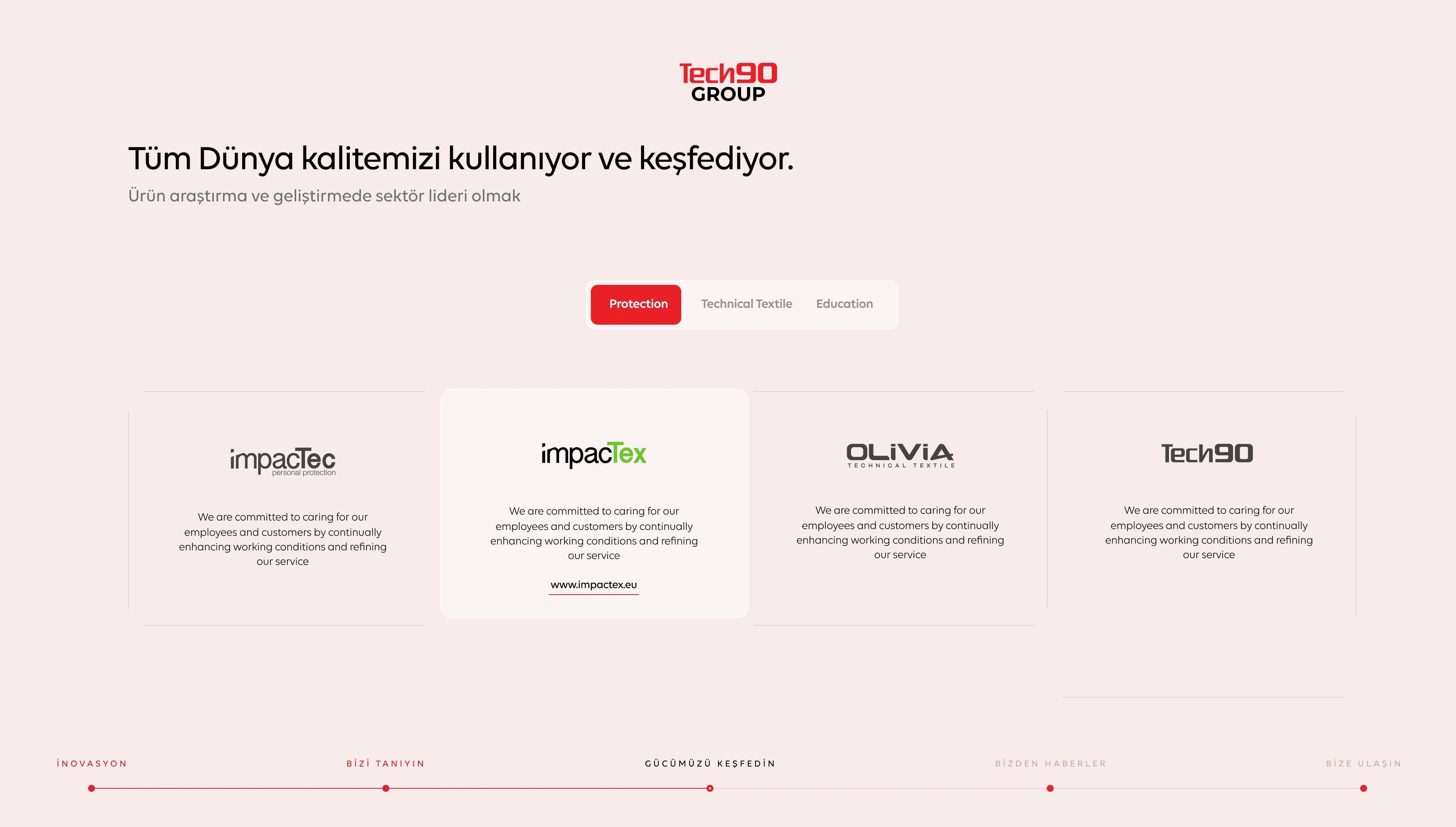 Tech90 Group markalarının kategori sekmeleri ve yan yana marka kartlarıyla sunulduğu ekran