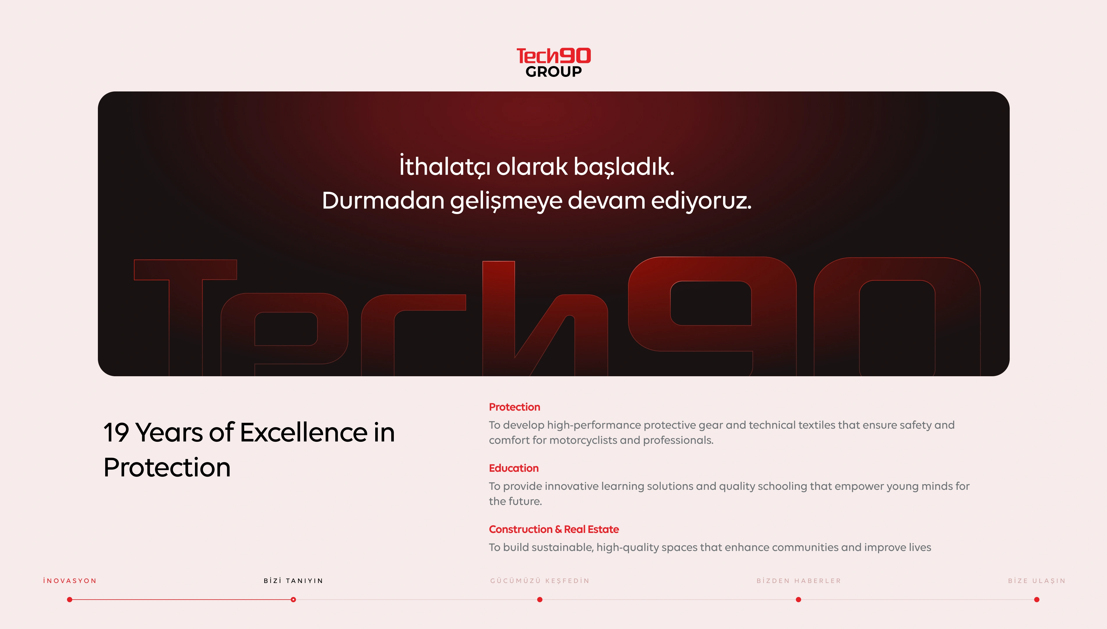 Tech90 Group kurumsal ekranında kırmızı ışıklı geniş marka alanı ve uzmanlık başlıkları