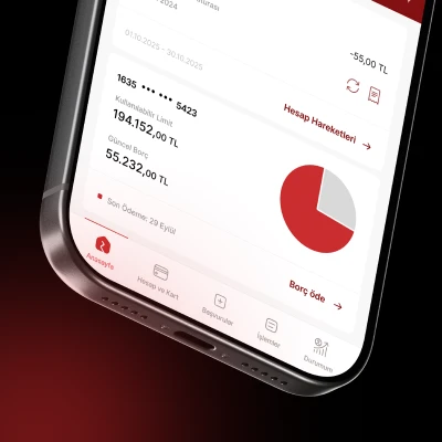 Telefon ekranında kırmızı ve beyaz finans uygulaması tasarımı